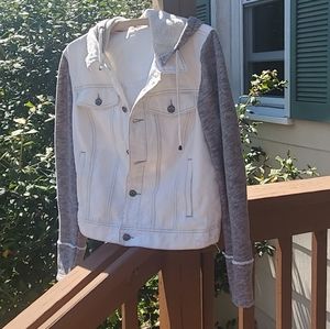 Free People Jean Jacket with sweatshirt sleeves.
